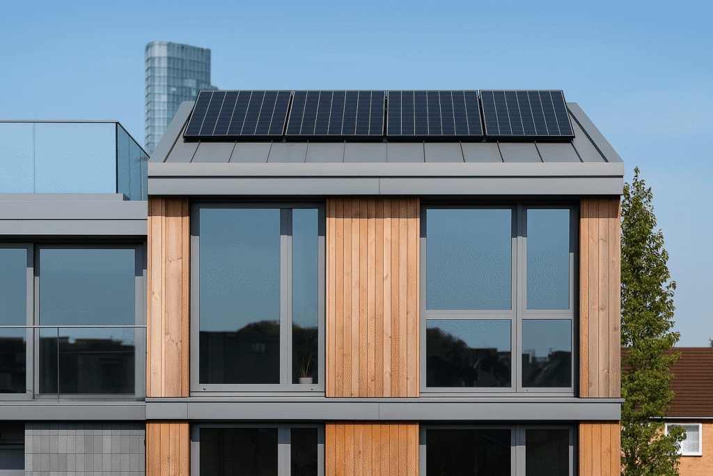 Sustainable construction in London with eco-friendly materials, energy-efficient design, and smart building technologies
